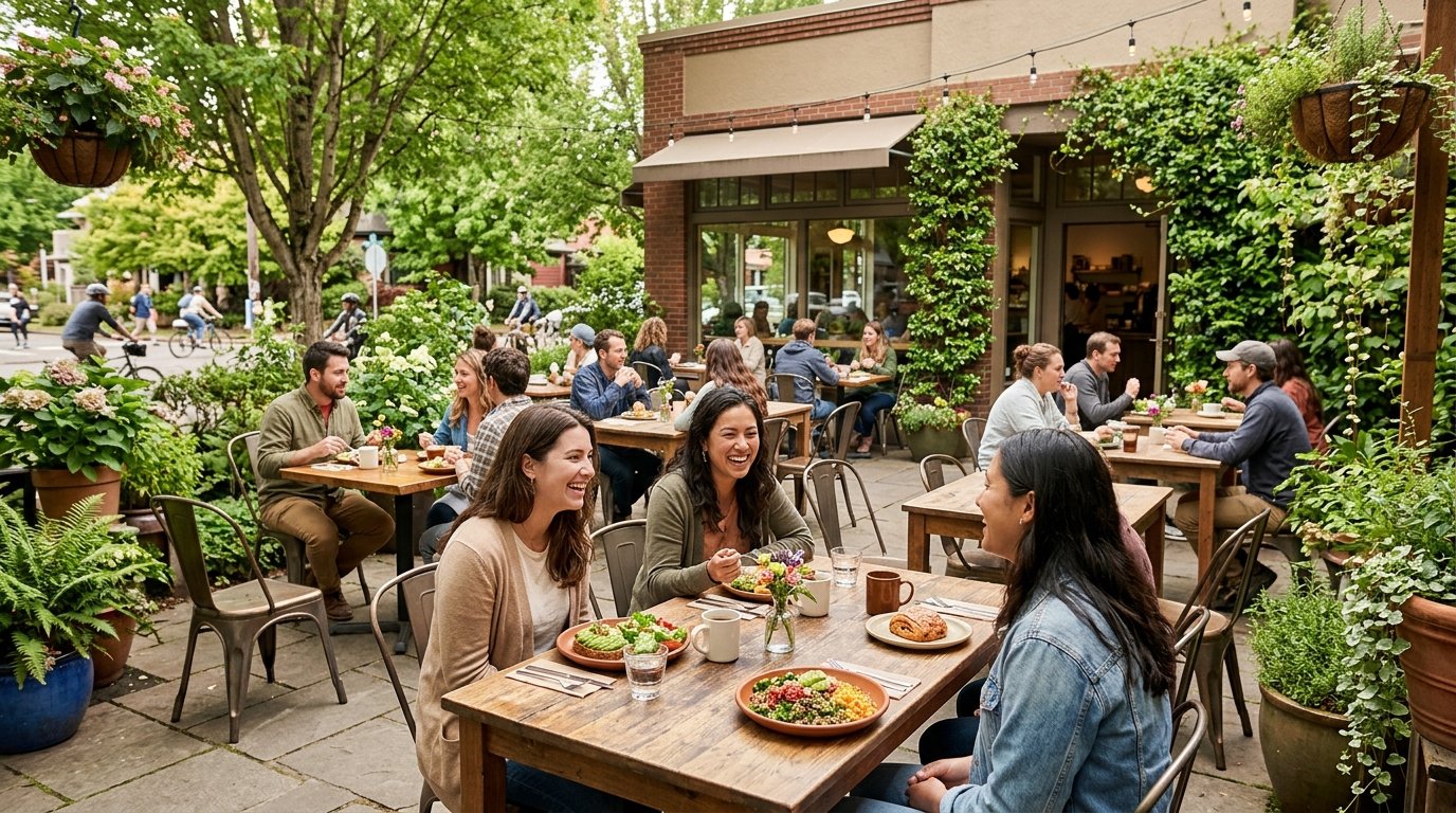 Diners enjoy food and drinks at a leafy outdoor cafe patio in Eugene, Oregon.