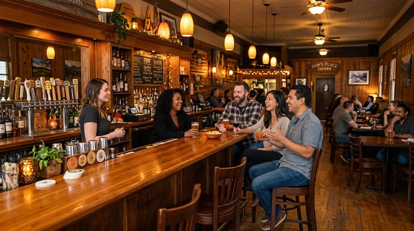 Friends enjoy drinks and conversation inside a warm, welcoming neighborhood tavern.