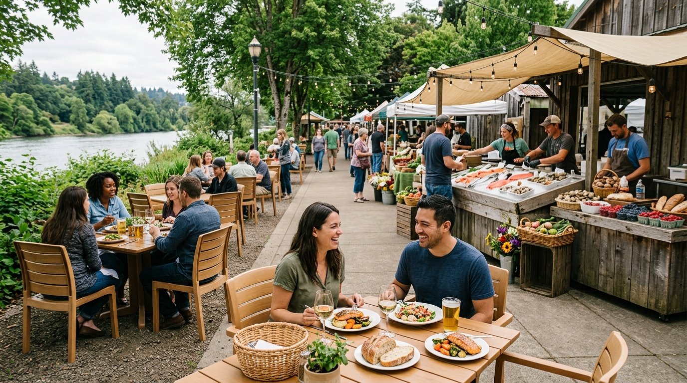 Diners enjoy fresh seafood and seasonal food at outdoor tables beside a lively market in Eugene, Oregon.