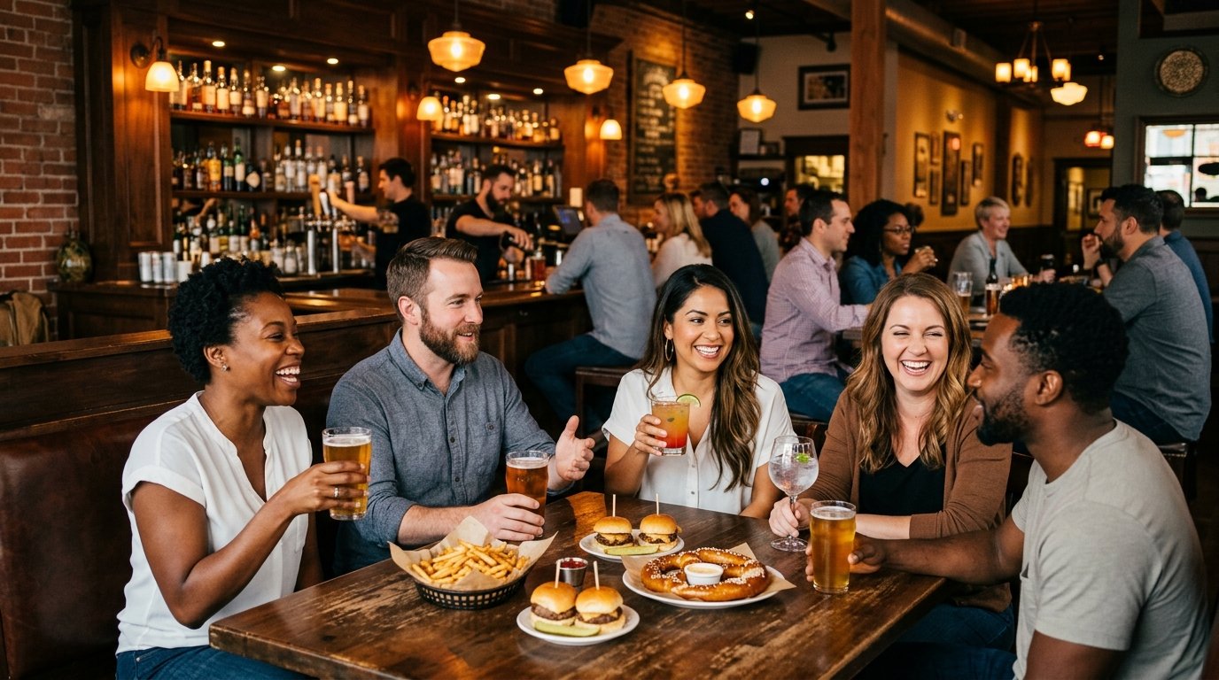 Friends enjoy drinks and appetizers together in a warmly lit neighborhood pub.