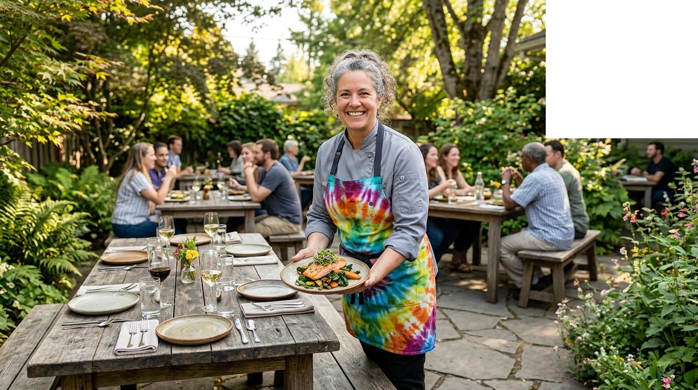 A chef in a colorful tie-dyed apron serves food at a leafy outdoor restaurant patio while diners enjoy their meals.