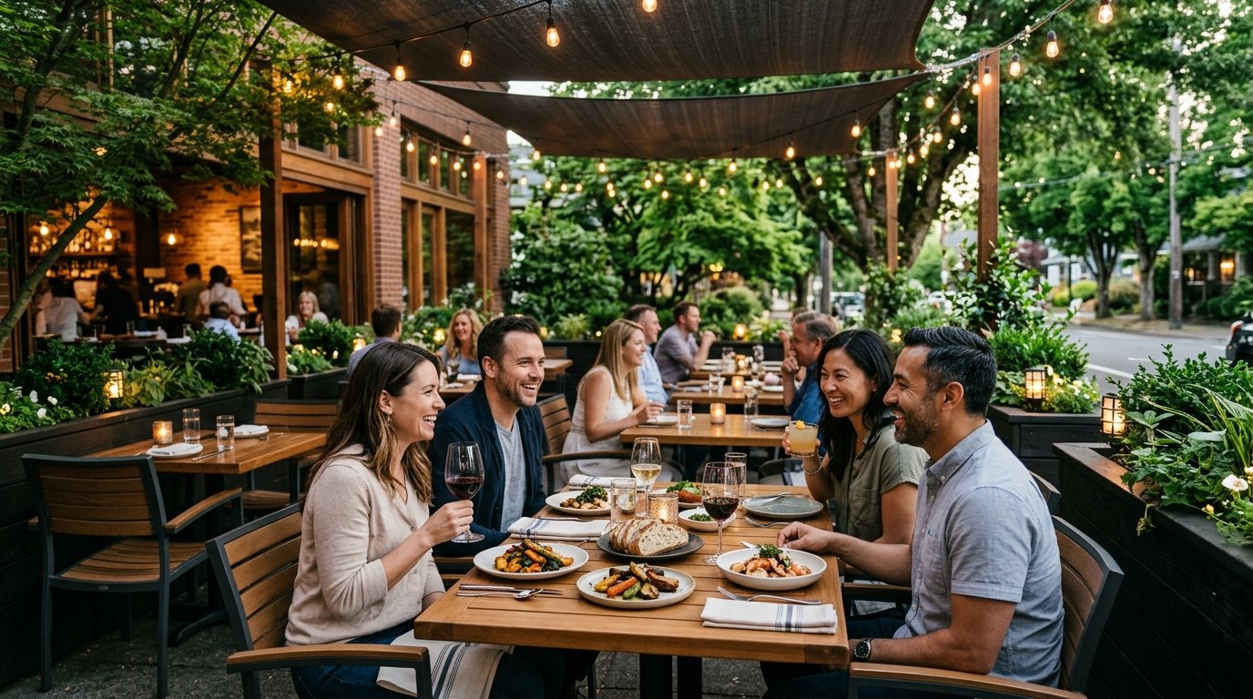 Adults enjoying an outdoor meal on a leafy restaurant patio in Eugene, Oregon.