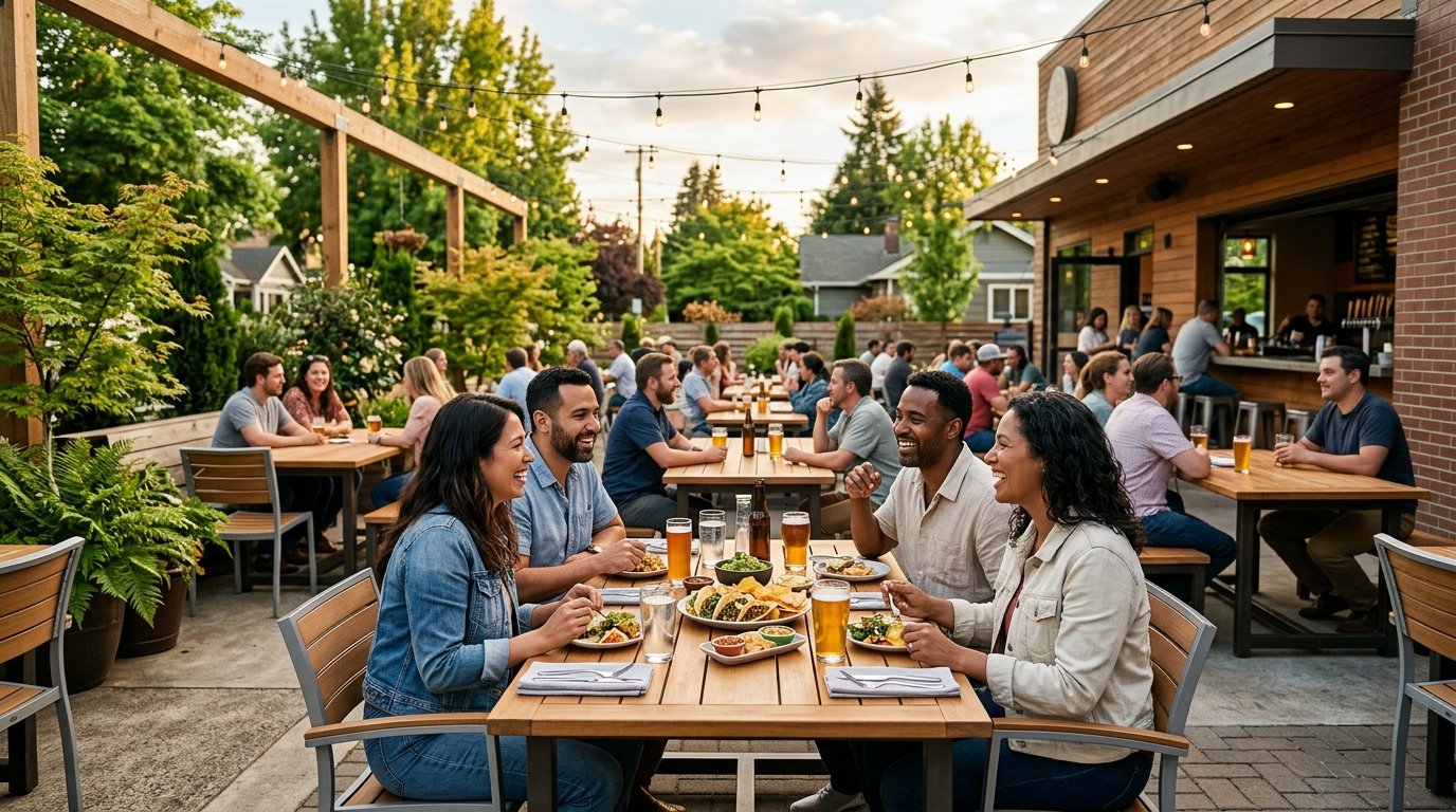 People enjoying food and drinks on a leafy outdoor patio in Eugene, Oregon.