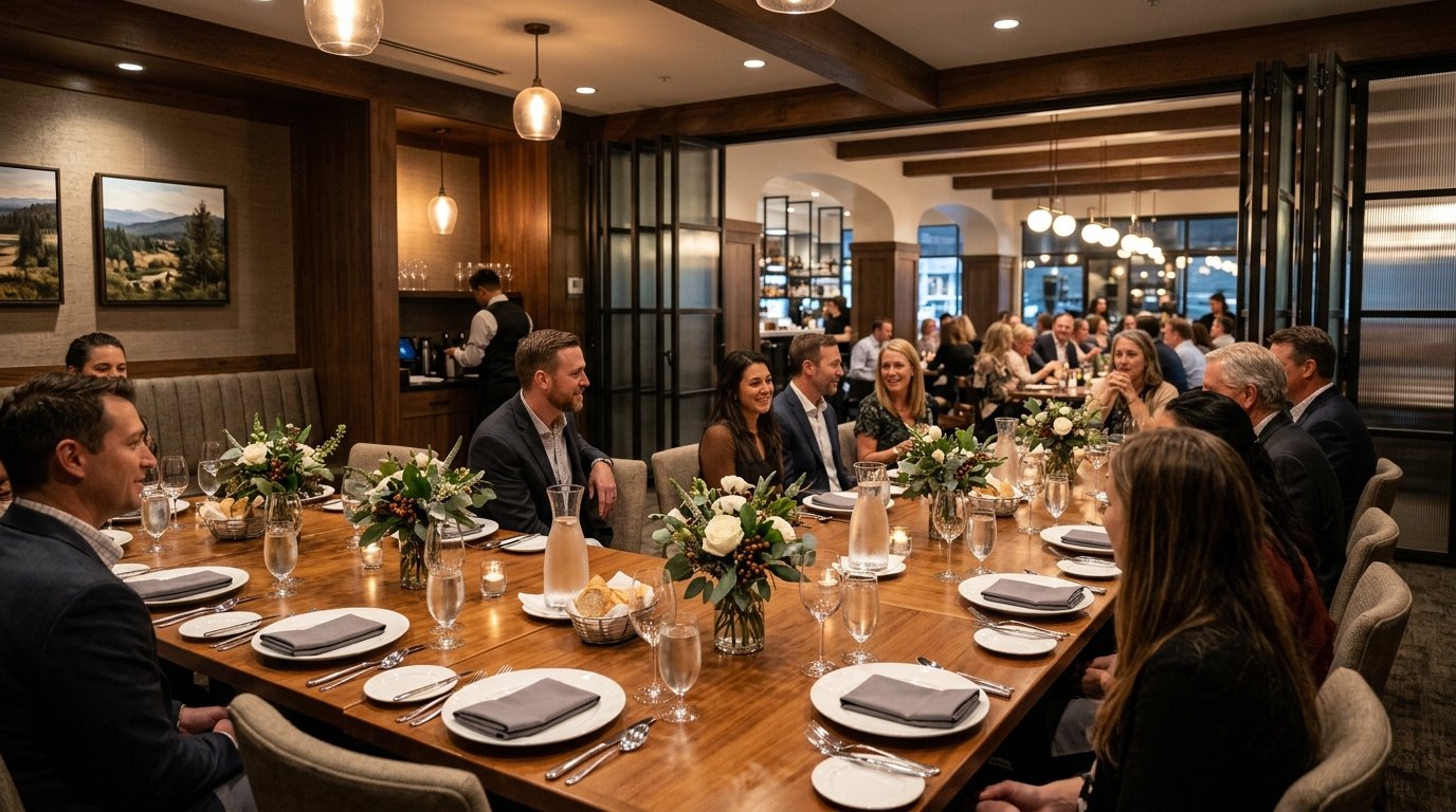 Elegant private restaurant dining room prepared for a group event, with a long set table and guests socializing in the background.