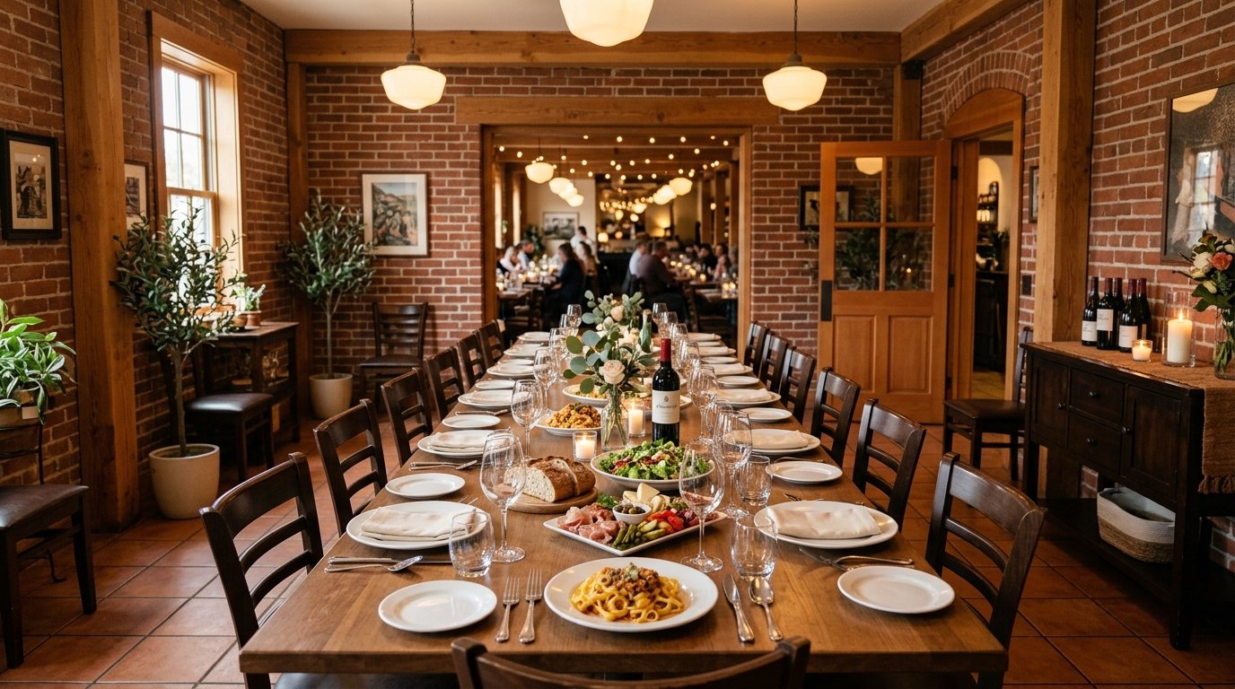 A warmly lit private dining room in an Italian restaurant set up for a group meal.