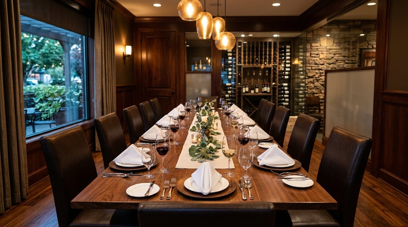 A warmly lit private dining room in an upscale steakhouse, set for a group meal.