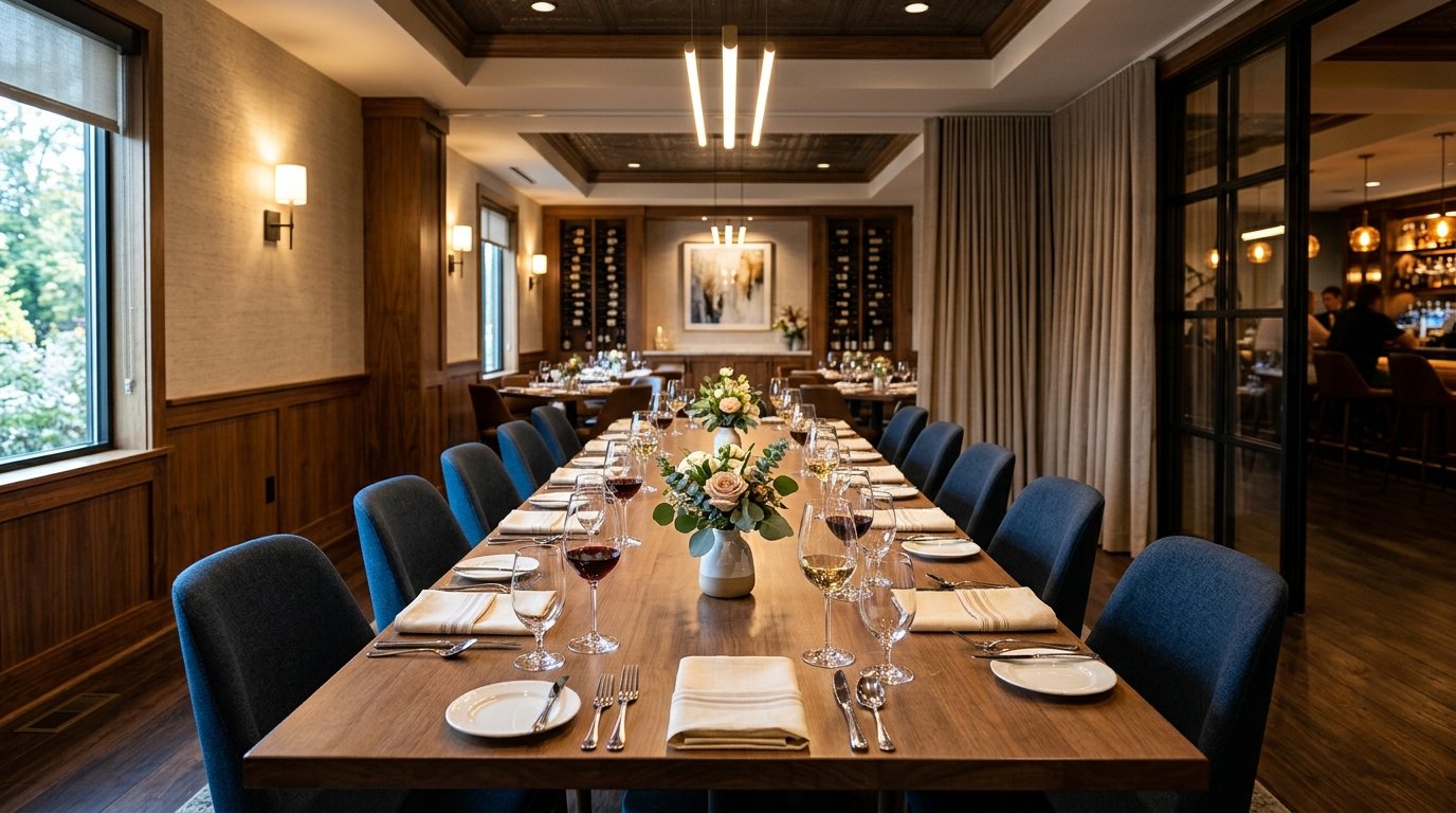 An elegant private dining room prepared for a group dinner at a restaurant.