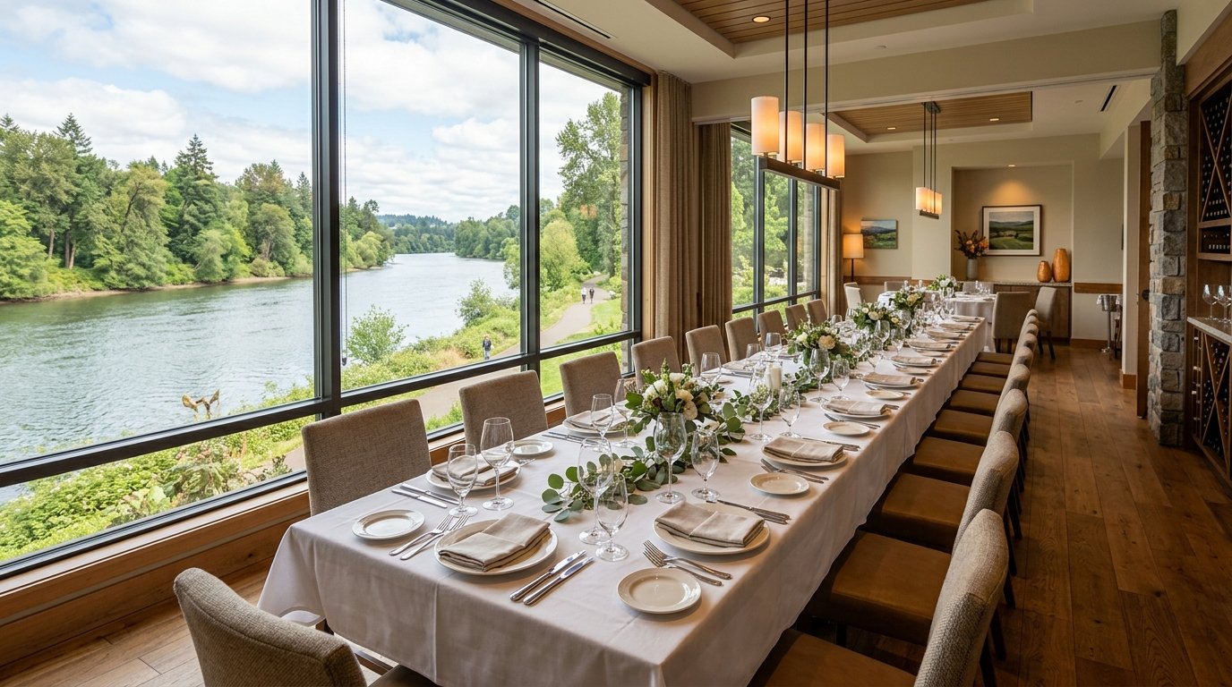 A warmly decorated private dining room overlooking a calm river and lush greenery.