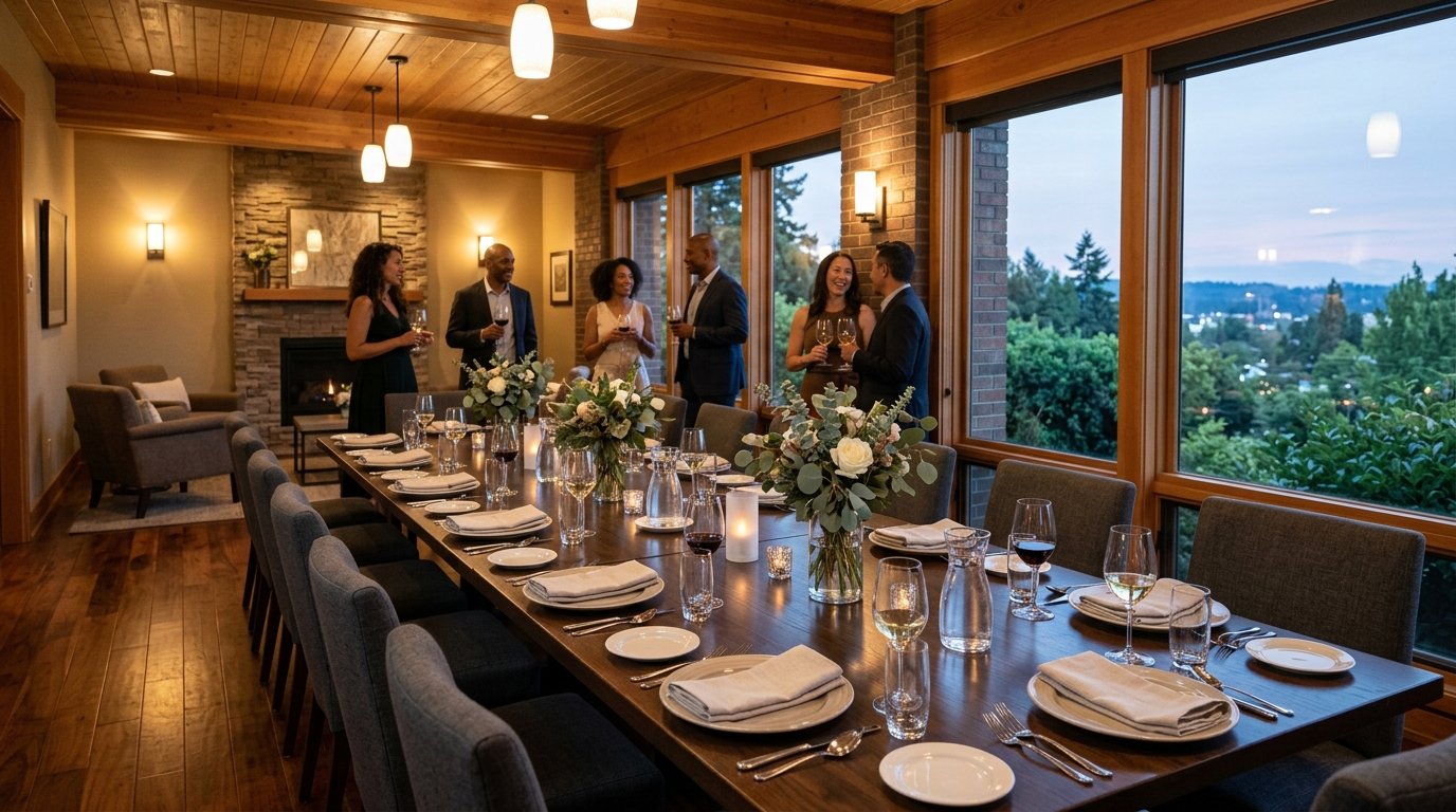 A warmly lit private restaurant dining room prepared for a group event.