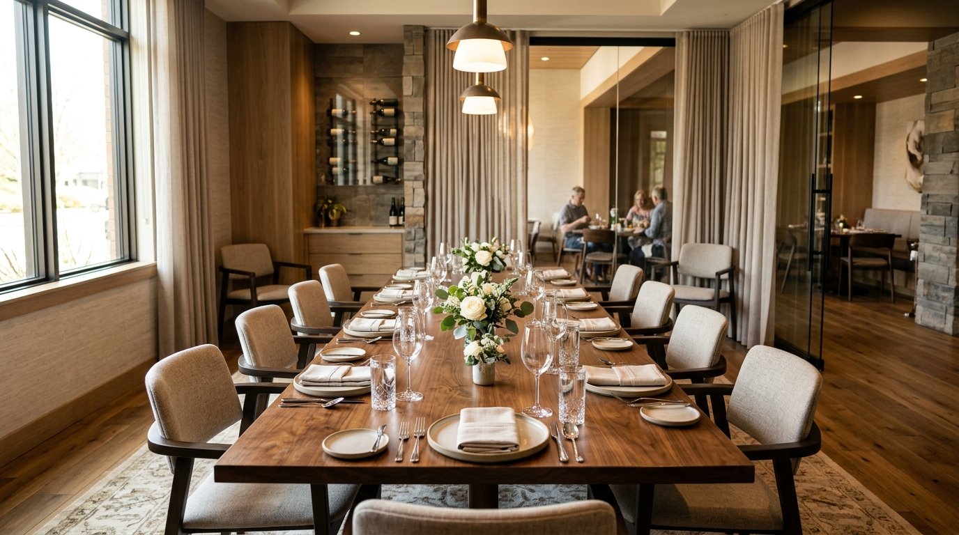 A private restaurant dining room in Eugene set up for a group event.