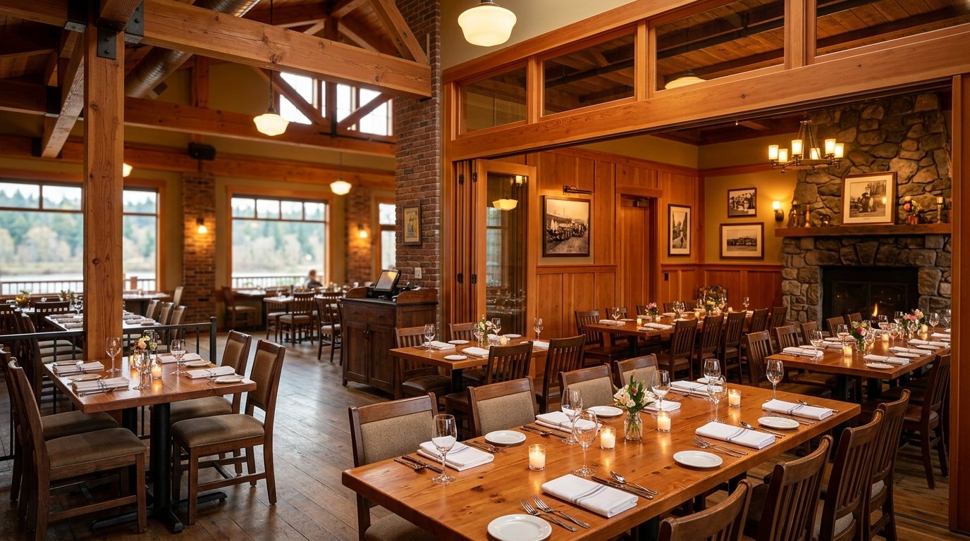A warmly lit wood-paneled restaurant dining area with tables prepared for a group event.