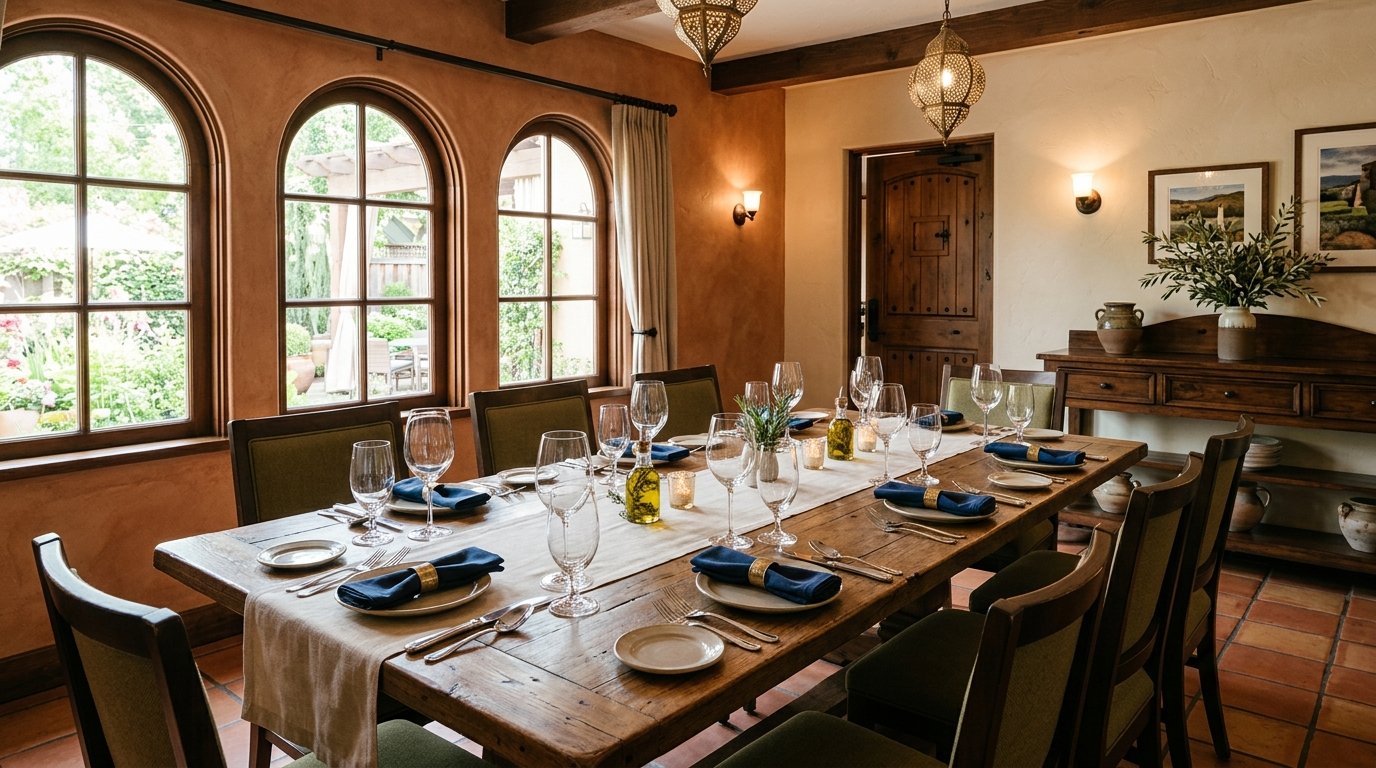 A warmly decorated private dining room set for a group meal.