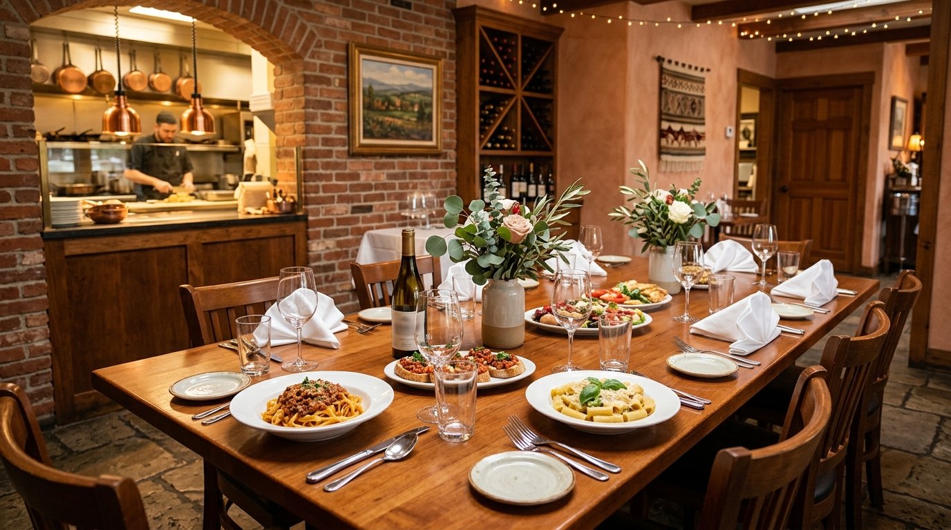 A warmly lit private dining room arranged for a group meal at an Italian restaurant.