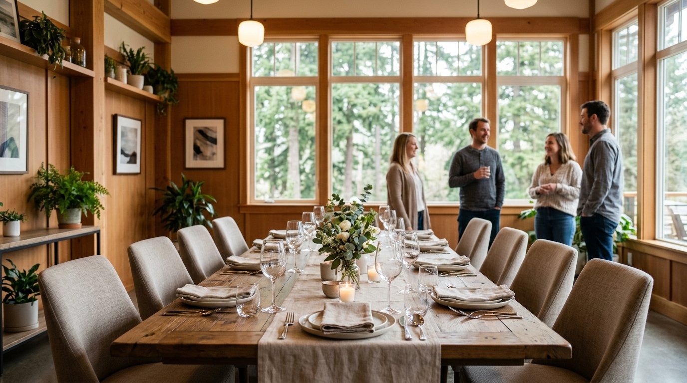 A warmly lit private dining room with a long set table, comfortable chairs, greenery, and evergreen trees visible through the windows.
