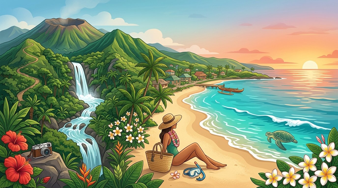 A tropical Hawaiian landscape with mountains, rainforest, waterfall, beach, ocean, canoe, flowers, and travel items.