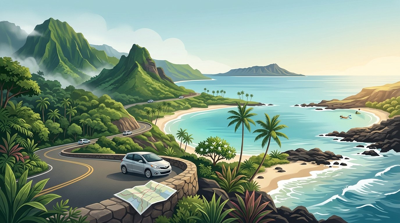 A tropical Hawaiian landscape combining green mountains, a turquoise bay, volcanic coastline, and a scenic road with a travel map and bag.