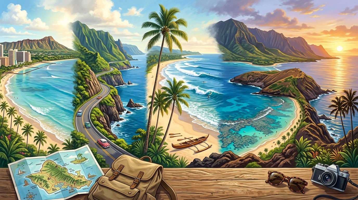A scenic illustration of Oʻahu featuring beaches, mountains, coastal roads, an outrigger canoe, and a tropical sunset.