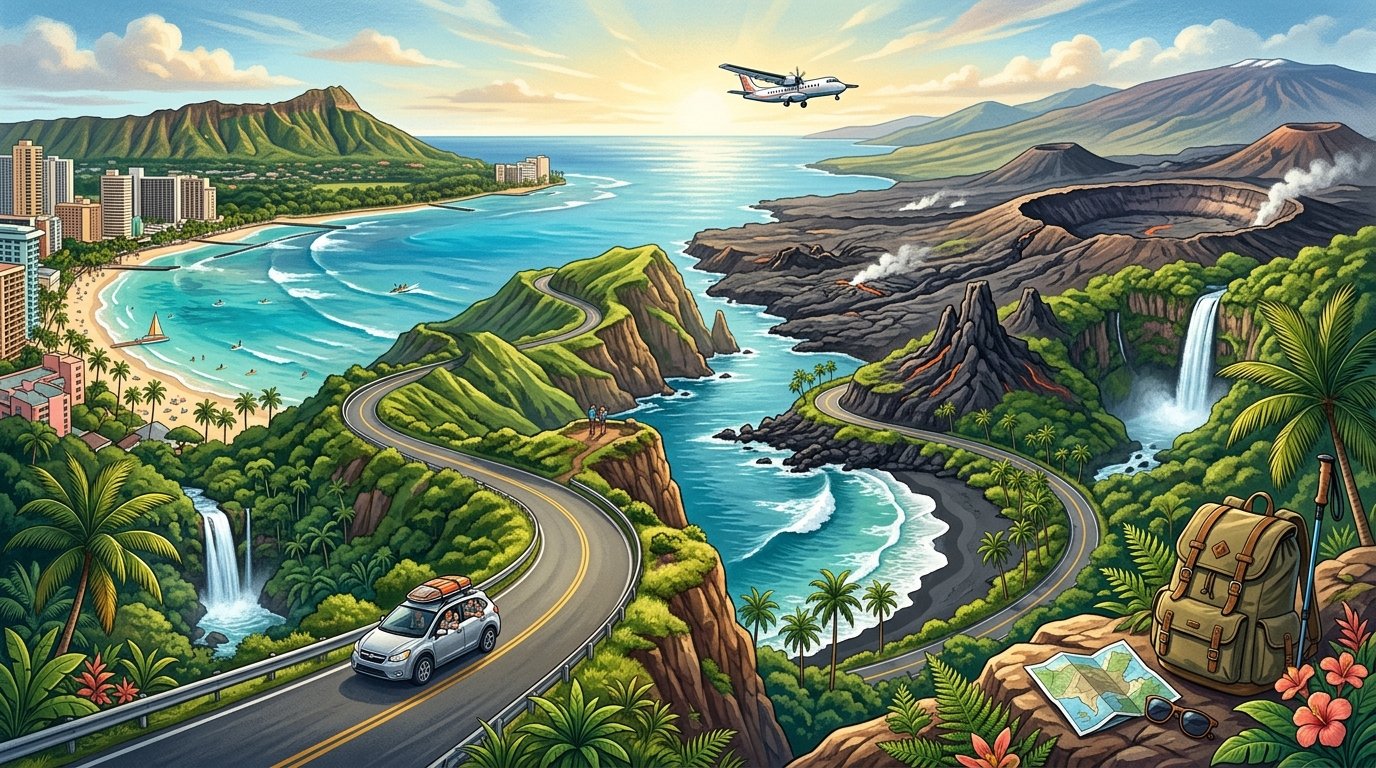 A scenic Hawaiian travel route combining Oʻahu beaches and Diamond Head with the lush valleys, waterfalls, coastline, and volcanic landscapes of Hawaiʻi Island.