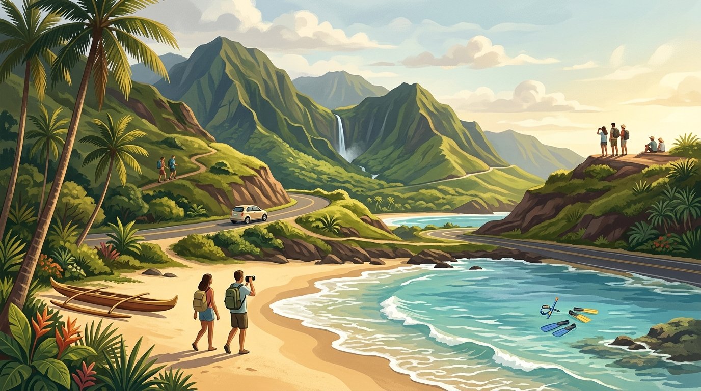 Travelers explore a Hawaiian coastline with beaches, tropical greenery, volcanic mountains, a waterfall, and an outrigger canoe.