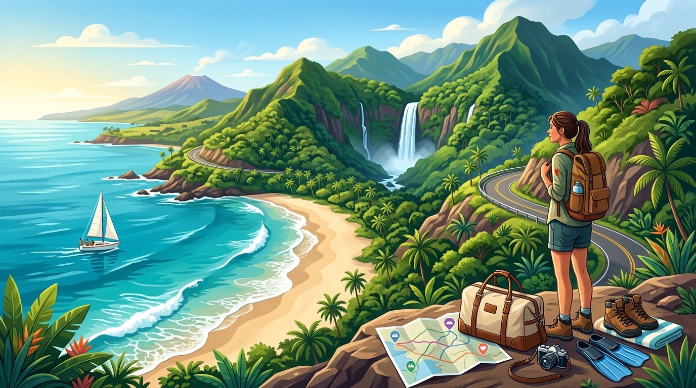 A traveler prepares for a weeklong journey through Hawaii, surrounded by beaches, mountains, rainforest, and ocean activities.