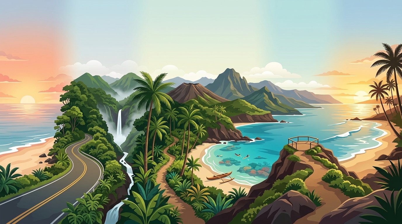 A tropical Hawaiian island landscape with mountains, beaches, waterfalls, palm trees, and ocean scenery.