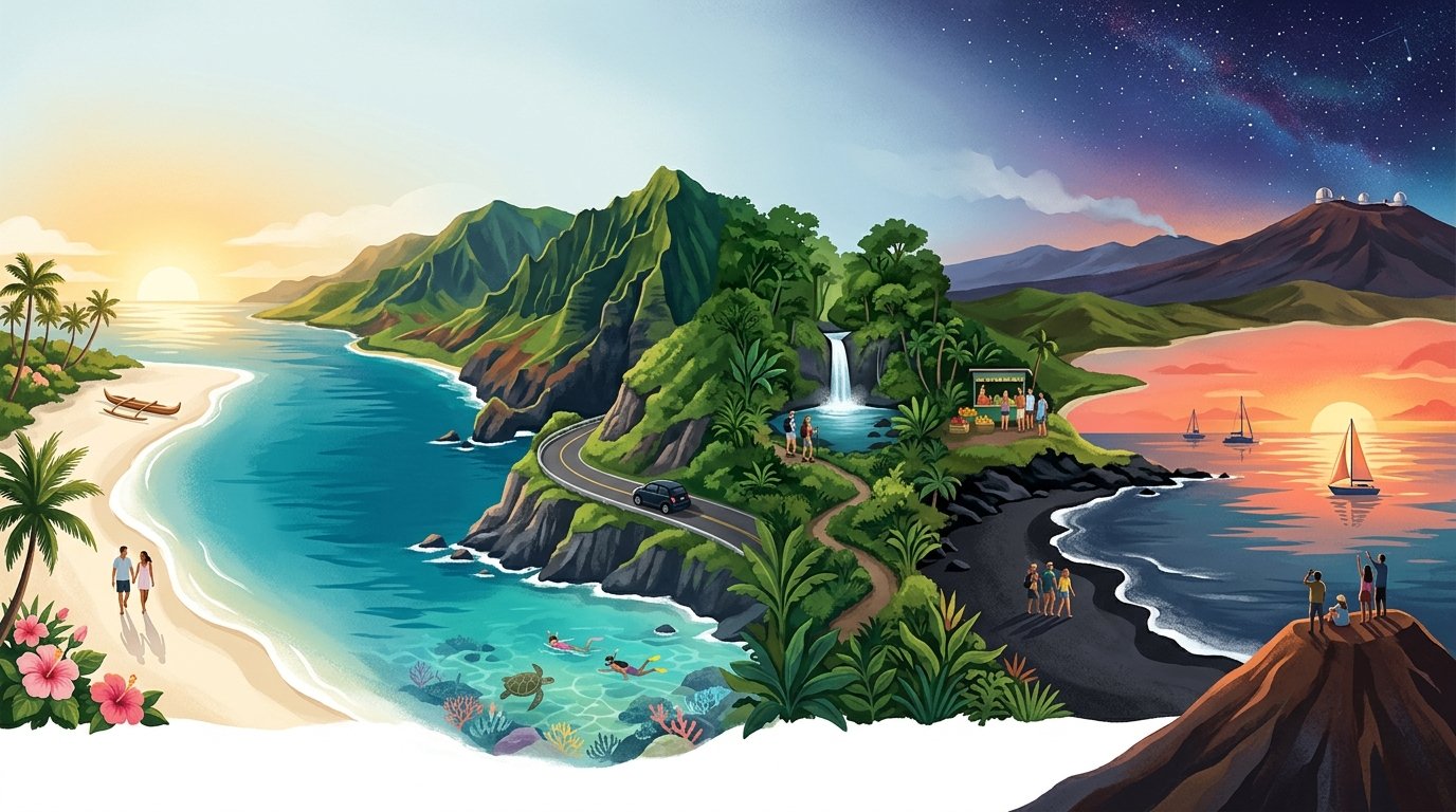 A tropical Hawaiian landscape showing beaches, mountains, waterfalls, ocean activities, hiking, sailing, and sunset scenery.