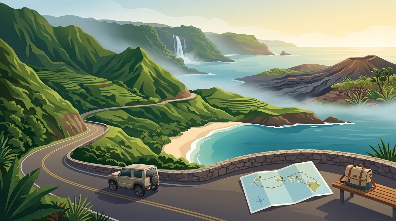 A calm coastal road winds through lush Hawaiian mountains toward beaches, waterfalls, and volcanic landscapes.