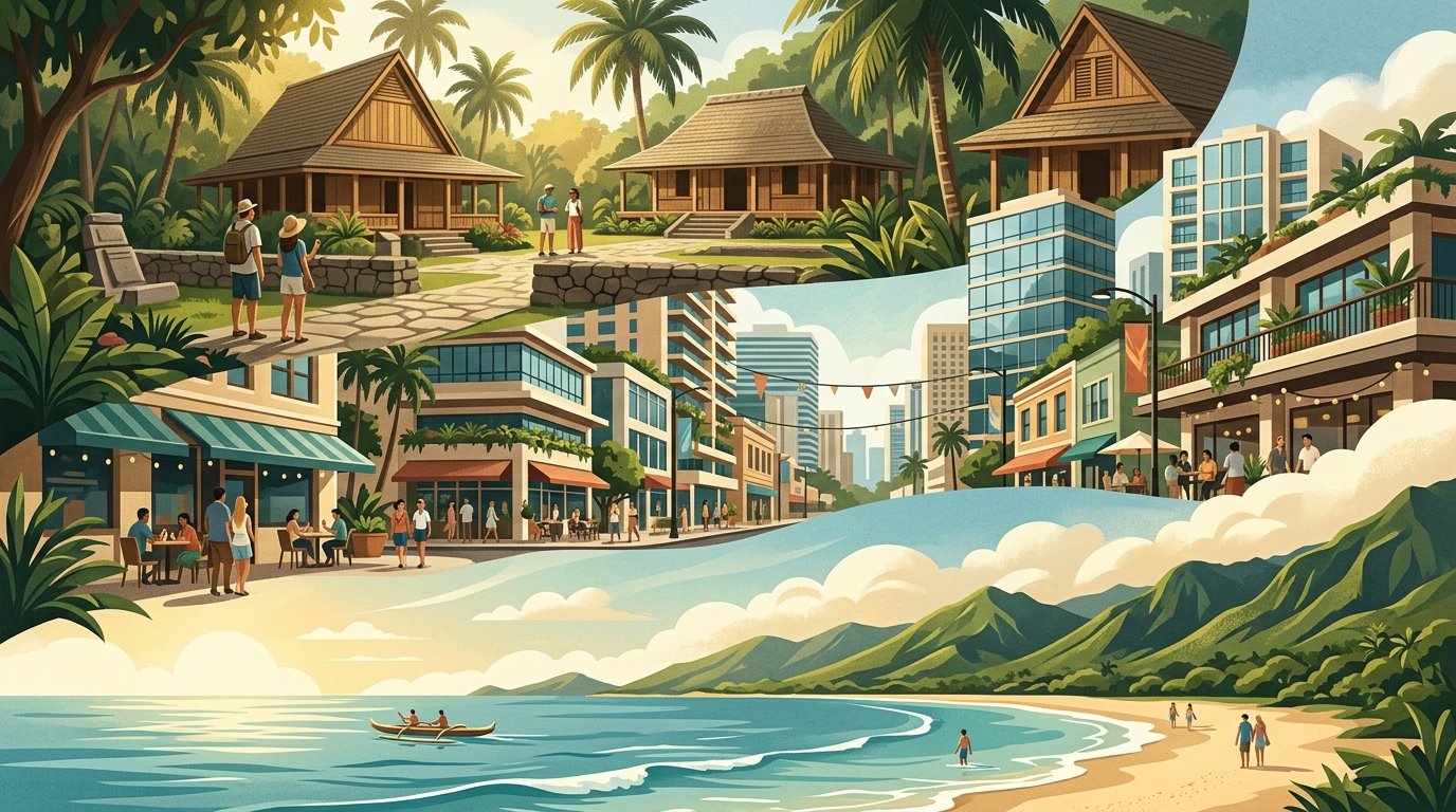 A historic Honolulu streetscape leads toward lively Waikīkī, a turquoise coastline, and green volcanic mountains on Oʻahu.