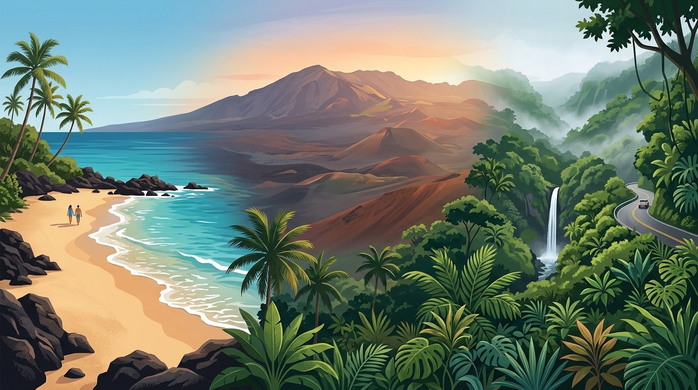 A Maui landscape showing a tropical beach, Haleakala volcano, and a lush rainforest with a waterfall.