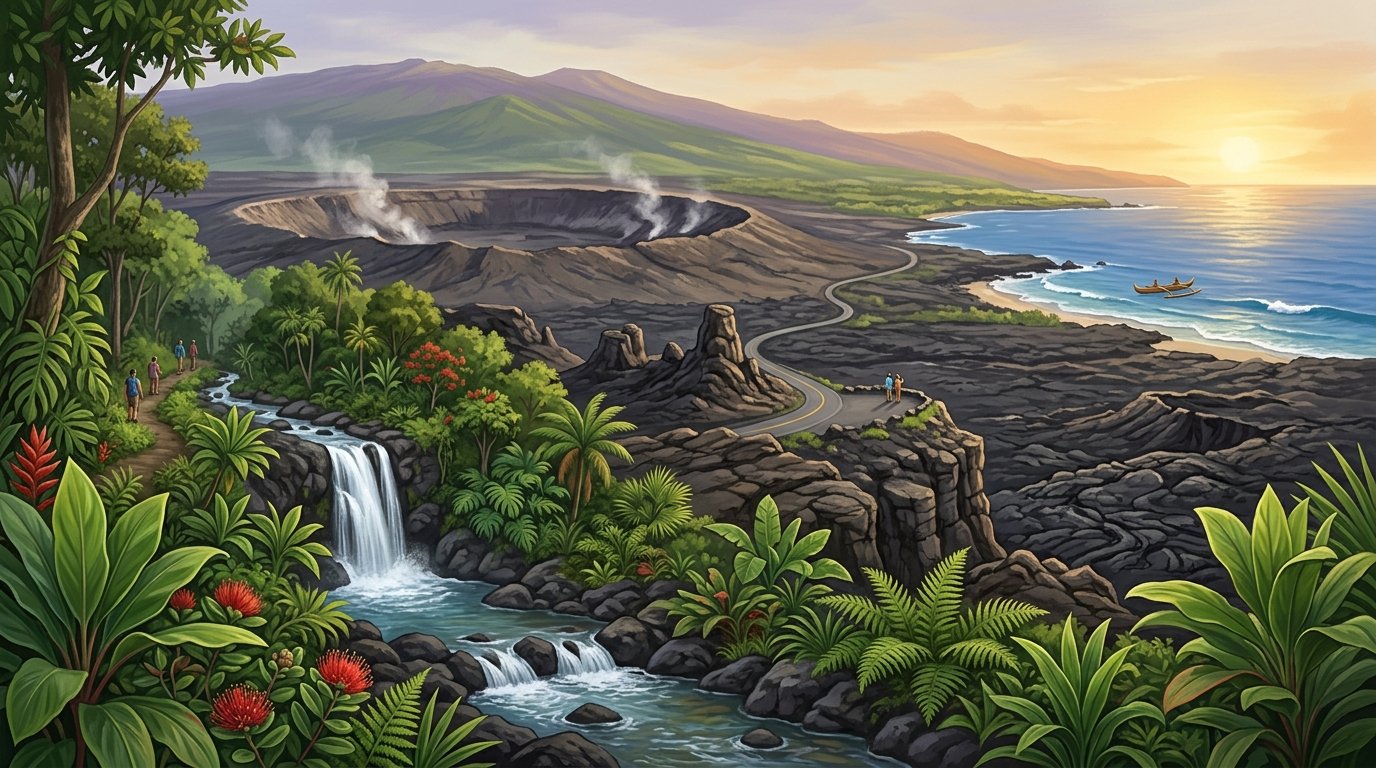 A tropical Hawaiʻi Island landscape with a waterfall, black volcanic terrain, a steaming crater, and the Kona coastline at sunset.