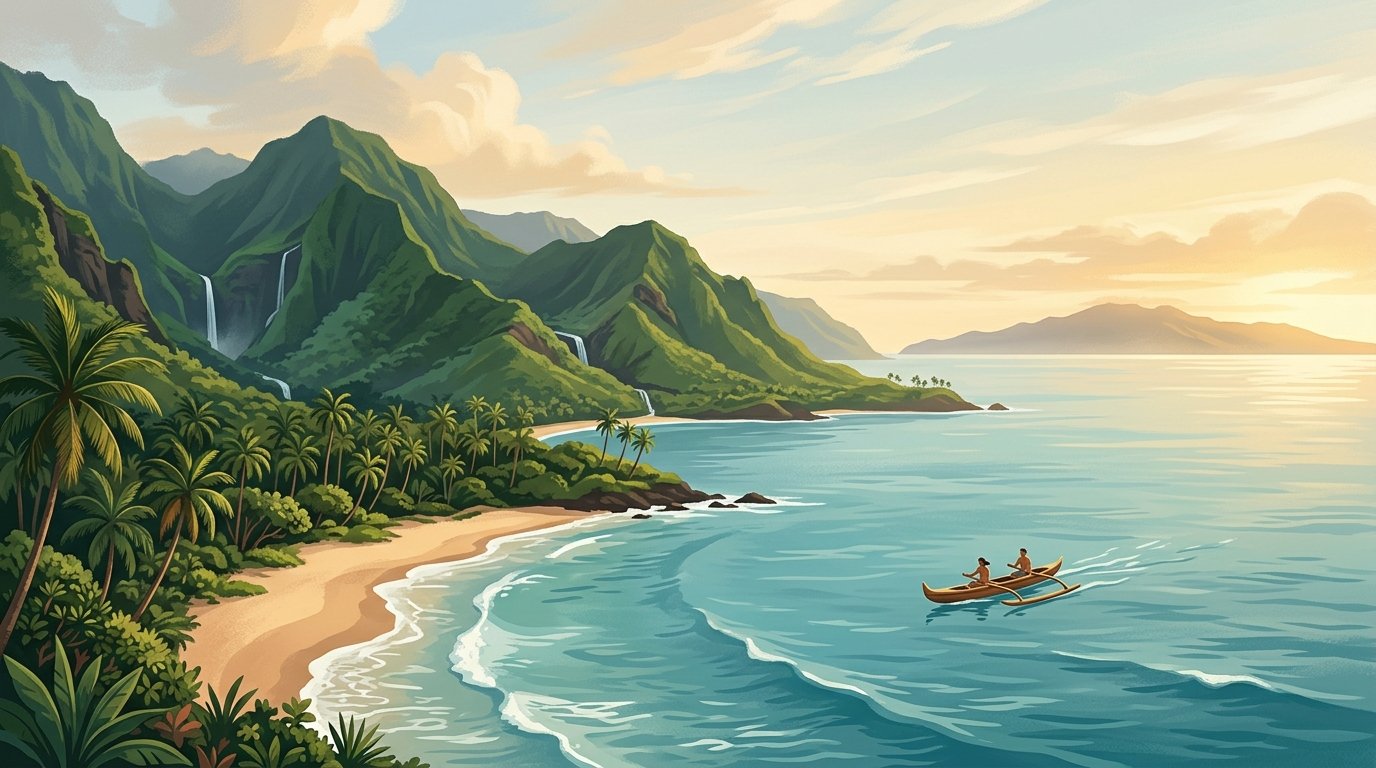 A peaceful Hawaiian coastline with lush mountains, a distant island, and a small outrigger canoe on calm turquoise water.