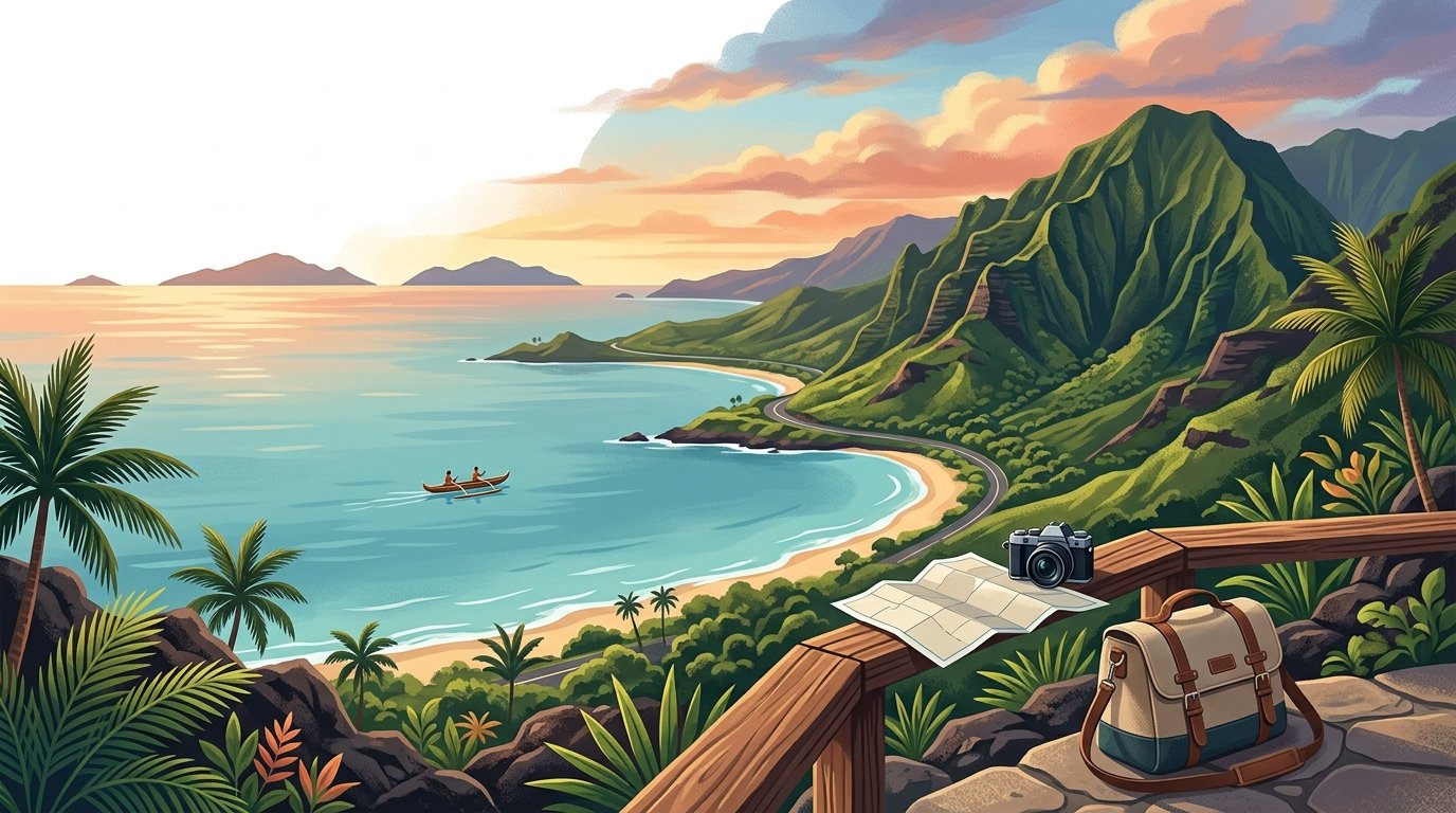 A tropical Hawaiian landscape with beaches, mountains, ocean, a canoe, and travel items suggesting a ten-day island itinerary.