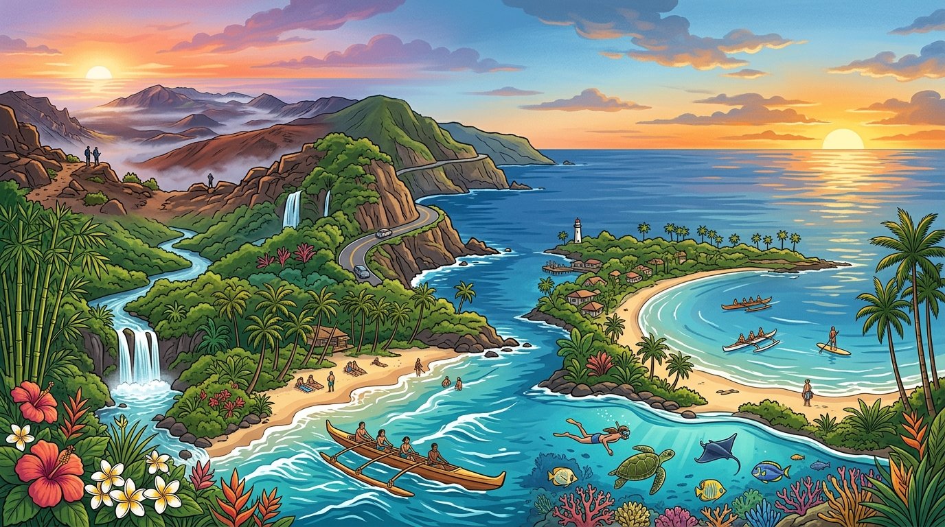 A scenic Maui landscape featuring beaches, waterfalls, tropical valleys, a coastal road, a volcano sunrise, ocean activities, and a Pacific sunset.