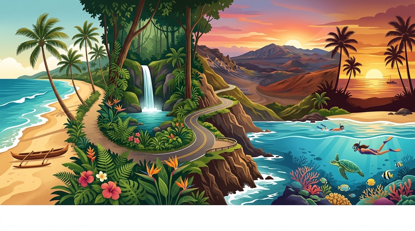 A scenic journey across Maui featuring beaches, rainforest, waterfalls, volcanic mountains, ocean activities, and a Pacific sunset.
