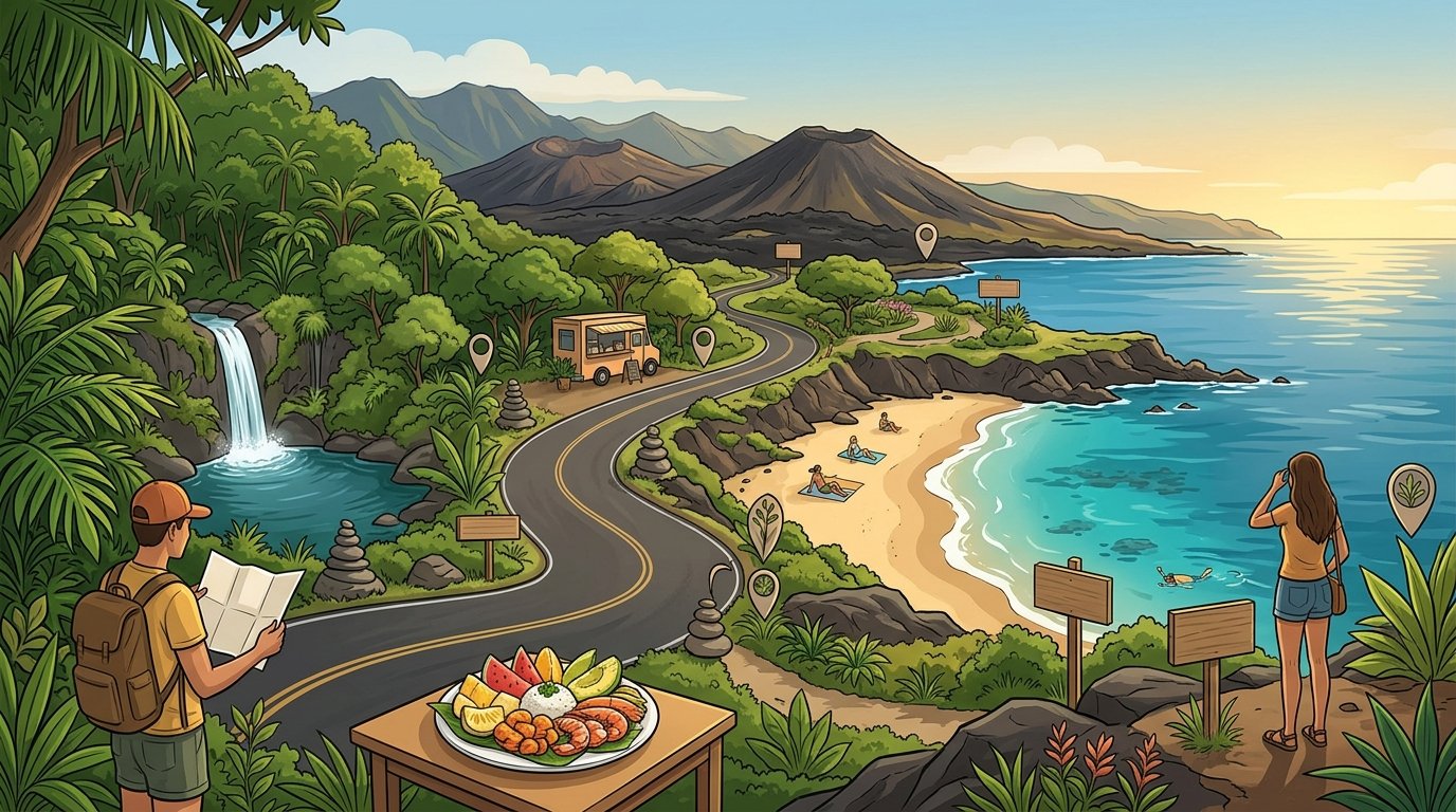 A scenic Maui travel route connects rainforest, beaches, mountains, food stops, and outdoor activities across a weeklong island journey.