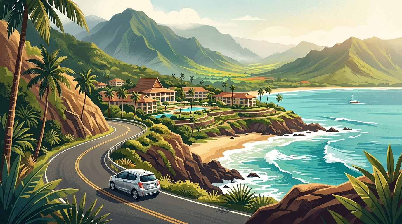 A tropical Maui coastline with a resort, a winding road, a rental car, mountains, and lush greenery.