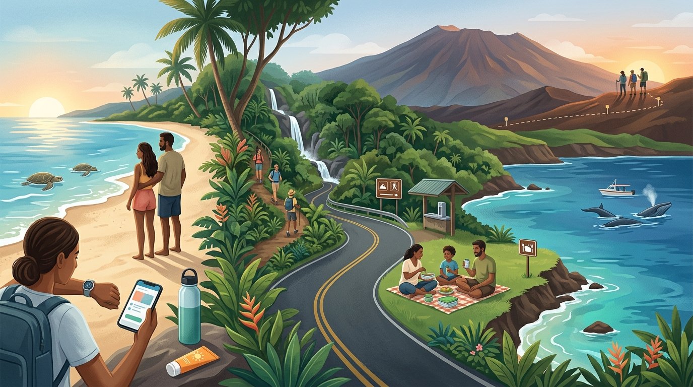 Travelers explore Maui's beaches, rainforest, volcanic summit, and coastline while planning activities and practicing responsible tourism.