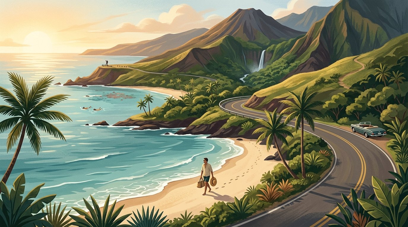 A traveler explores a sunny Maui coastline surrounded by beaches, tropical greenery, mountains, and the Pacific Ocean.