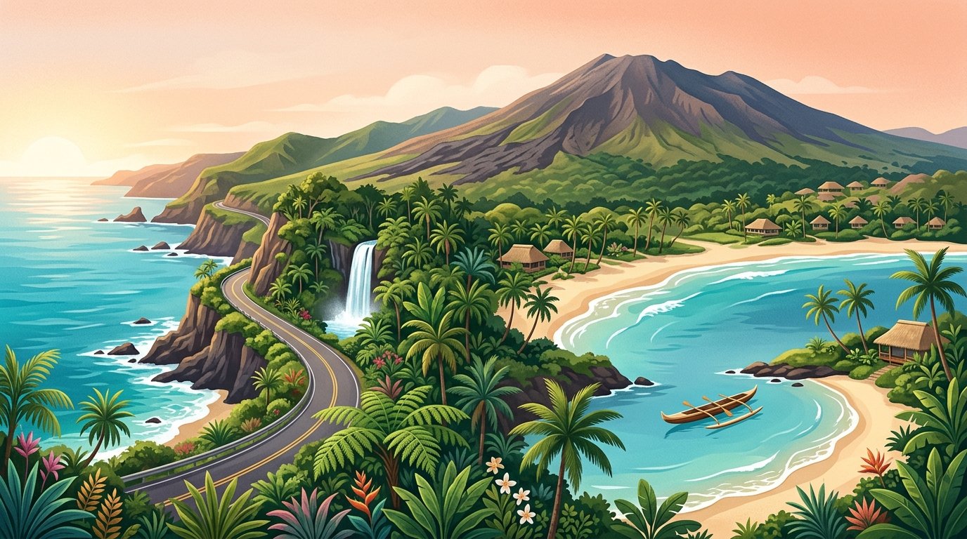 A tropical Maui landscape with beaches, rainforest, waterfalls, mountains, a scenic road, and an outrigger canoe.
