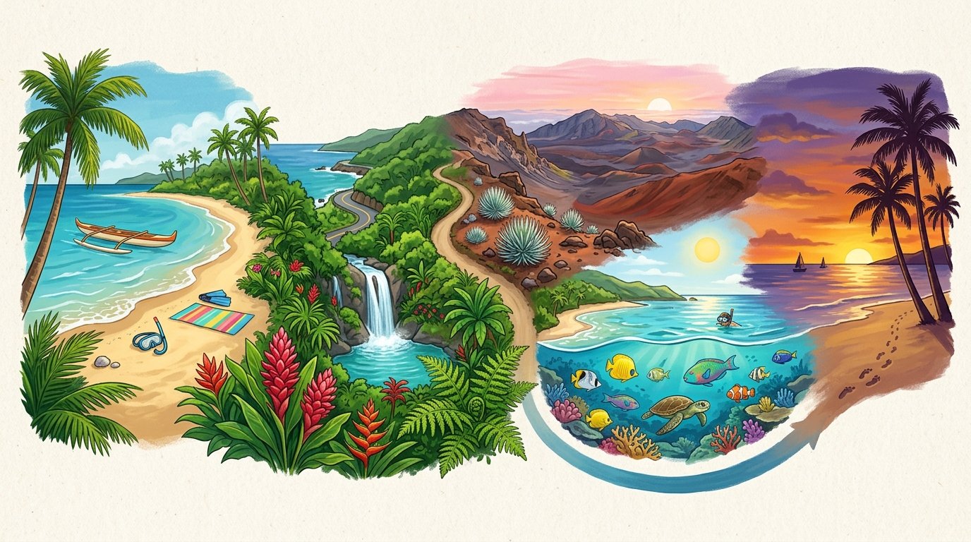 A scenic Maui travel journey showing beaches, rainforest, waterfalls, volcanic mountains, ocean activities, and a tropical sunset.