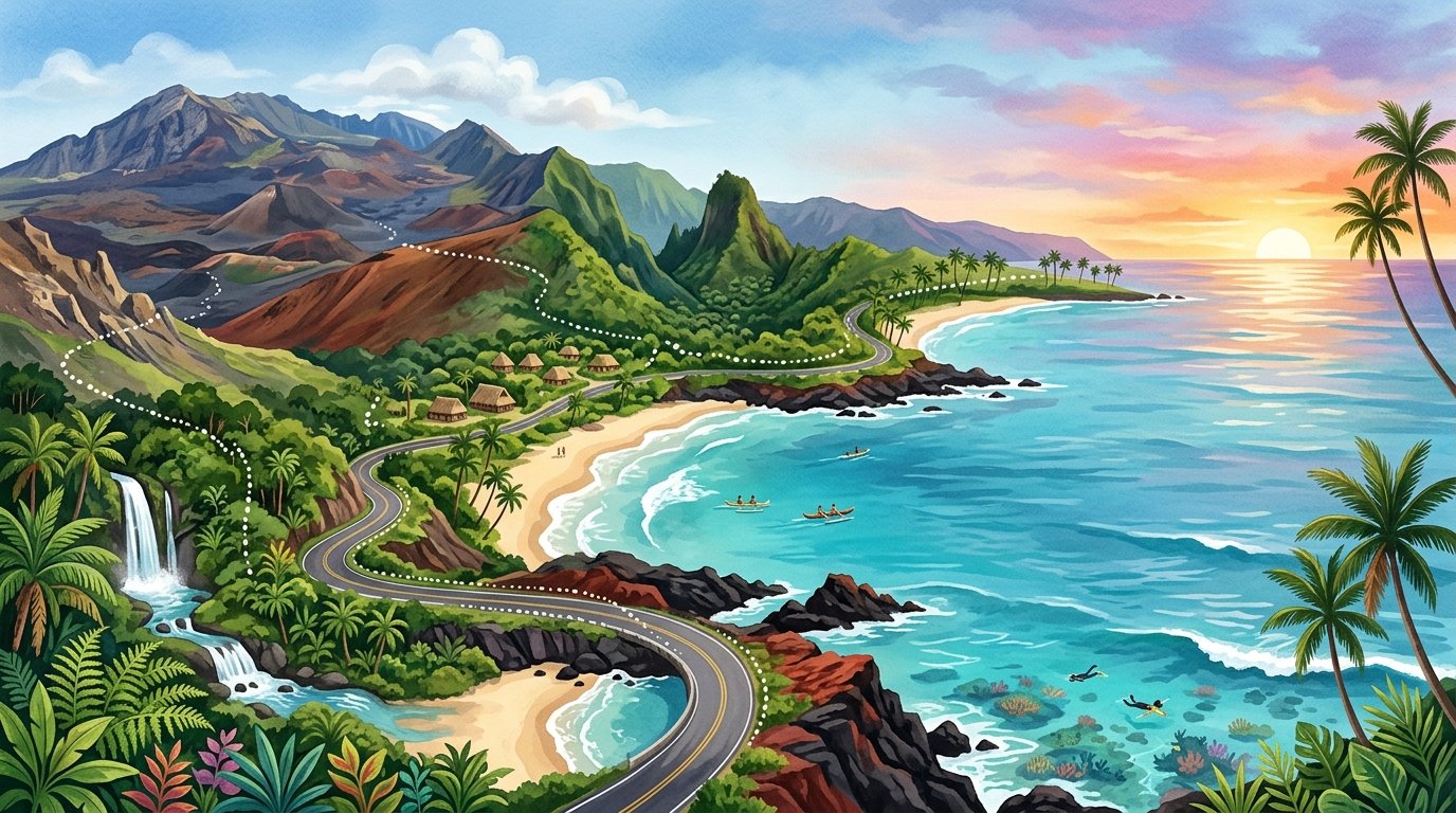 A scenic Maui landscape with beaches, rainforest, waterfalls, volcanic mountains, and a winding coastal route.