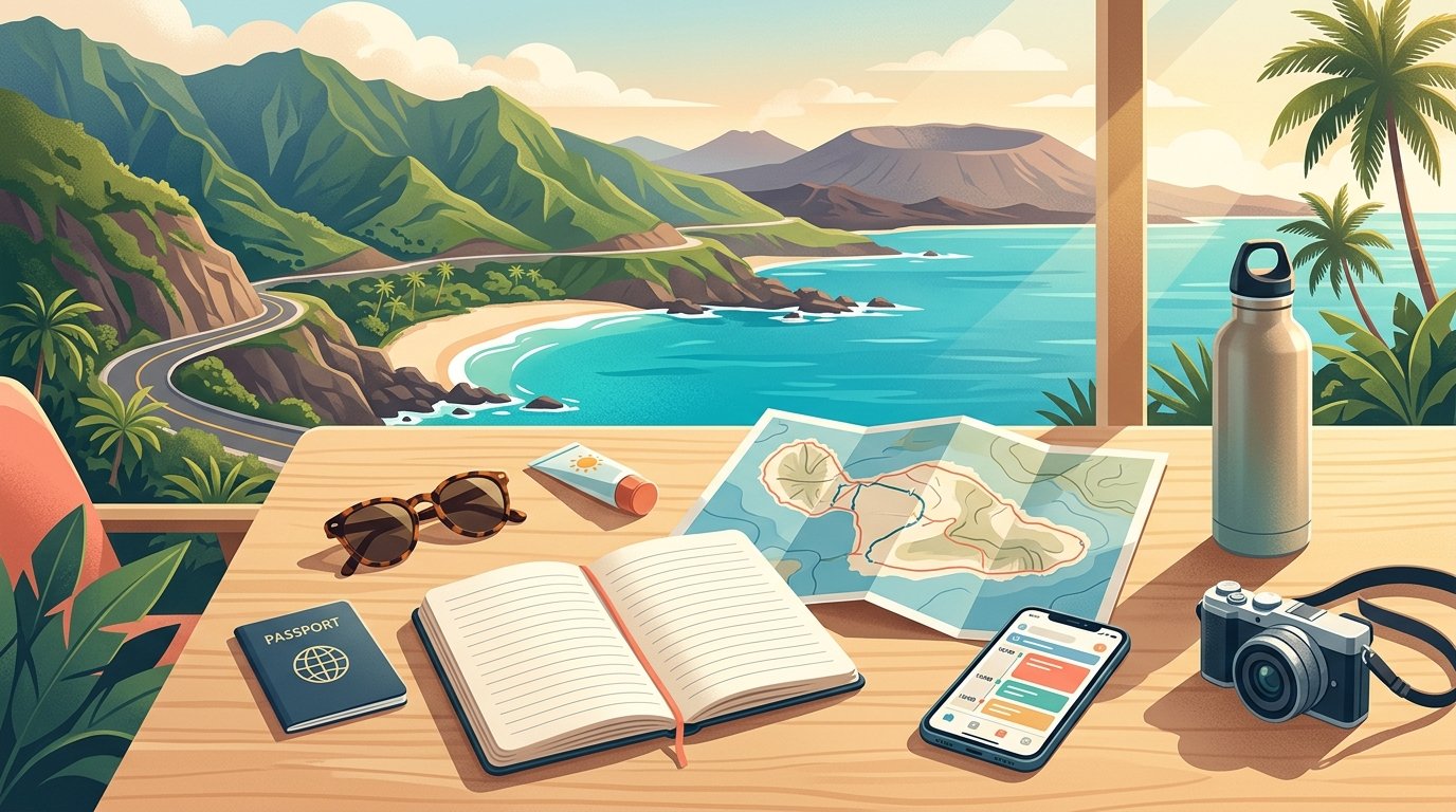 A travel planning table with a map, notebook, phone, passport, and vacation items overlooking a tropical Maui landscape.
