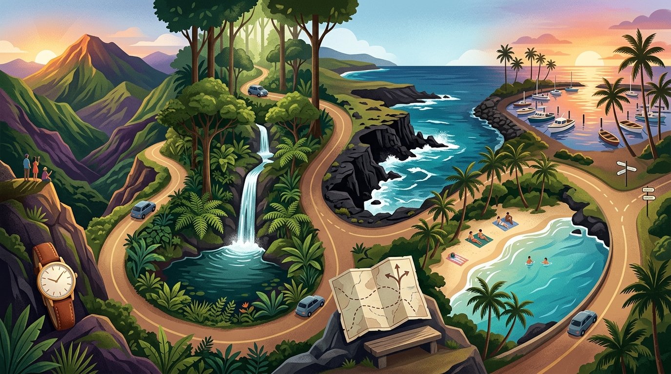 A scenic Maui landscape showing a coastal road linking beaches, waterfalls, mountains, and ocean viewpoints across changing times of day.