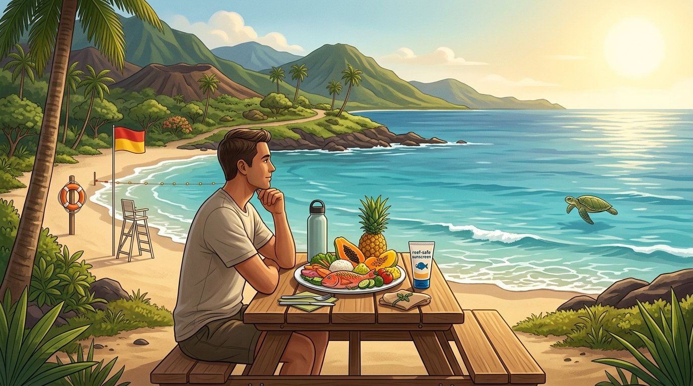 A traveler enjoys local food near a safe Maui beach surrounded by tropical scenery.