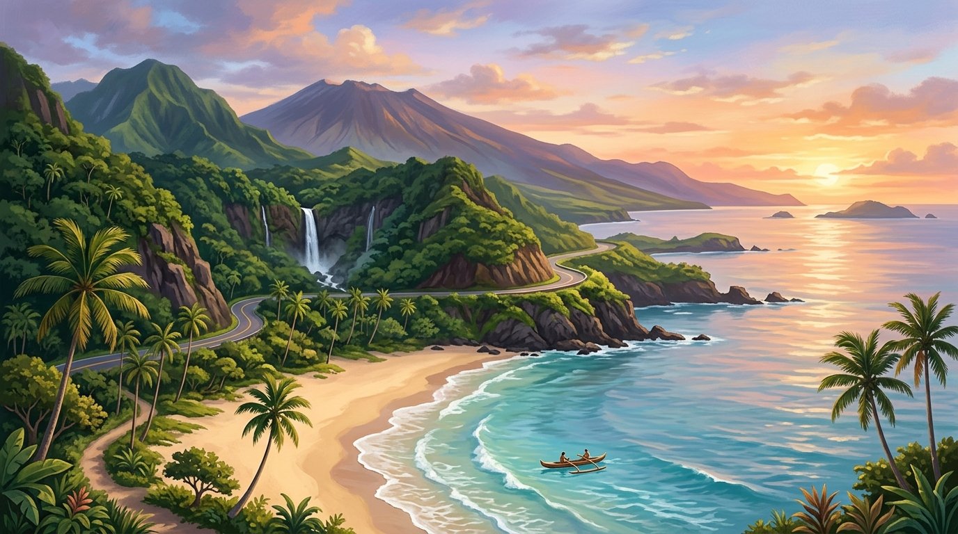 A tropical Maui coastline with turquoise water, lush mountains, rainforest, a winding road, and a glowing sunset.