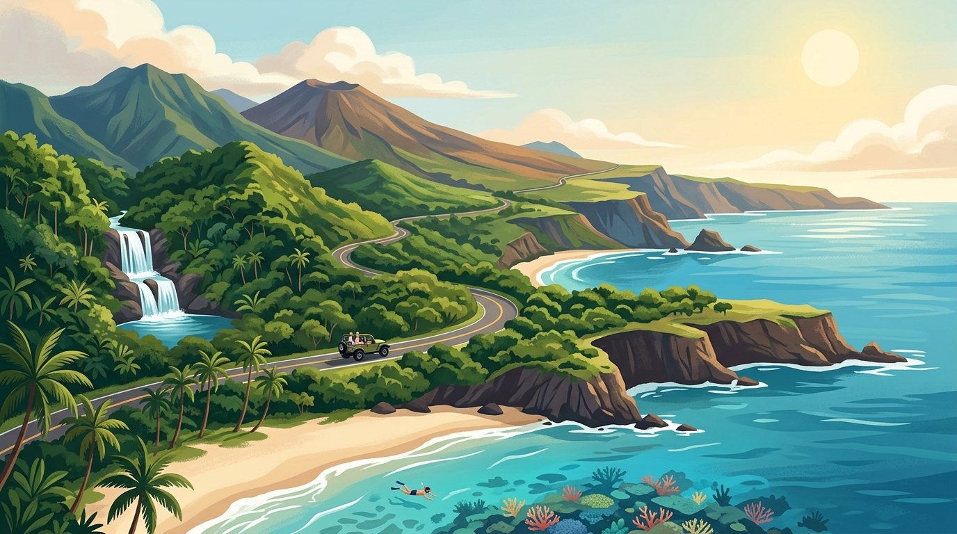 A tropical Maui landscape with a beach, turquoise ocean, rainforest, waterfall, mountain slopes, and a scenic road.