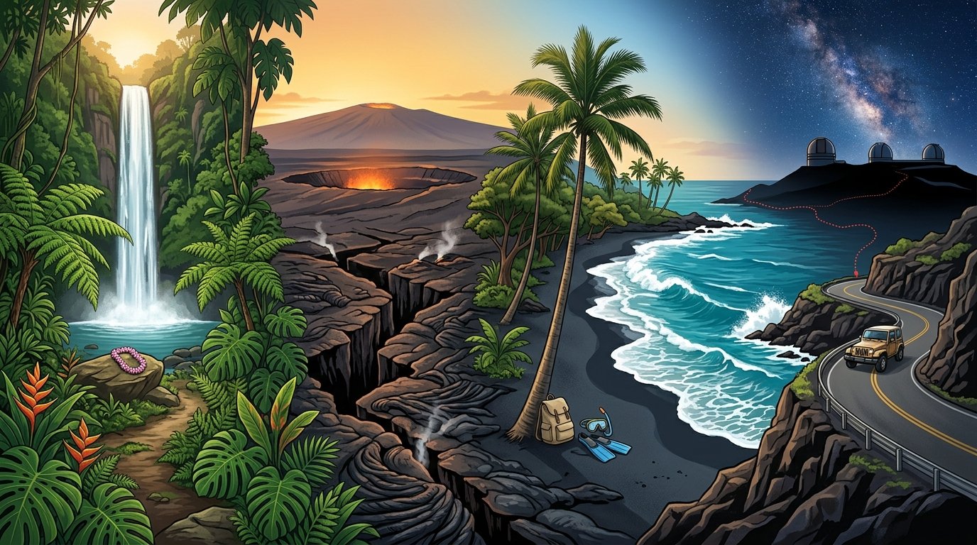 A scenic journey across Hawaii’s Big Island featuring rainforests, waterfalls, beaches, volcanic landscapes, coastal roads, and a starry mountain summit.