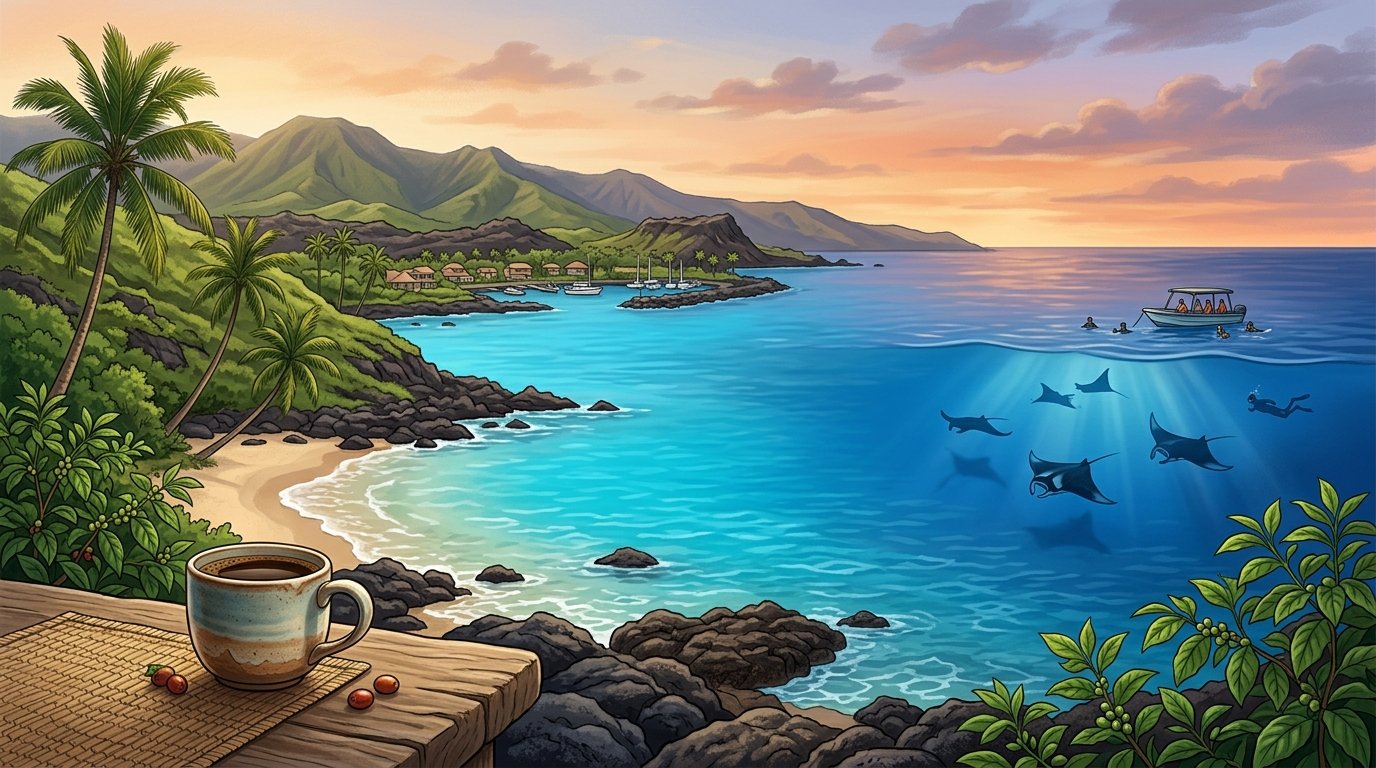 A sunny Kona coastline with coffee plants, a tropical beach, and manta rays gliding beneath the evening ocean.