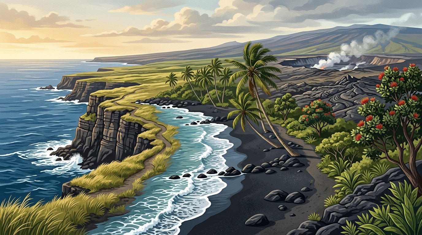 A scenic illustration of South Point cliffs, a black-sand beach, and volcanic landscapes in Hawaiʻi Volcanoes National Park.