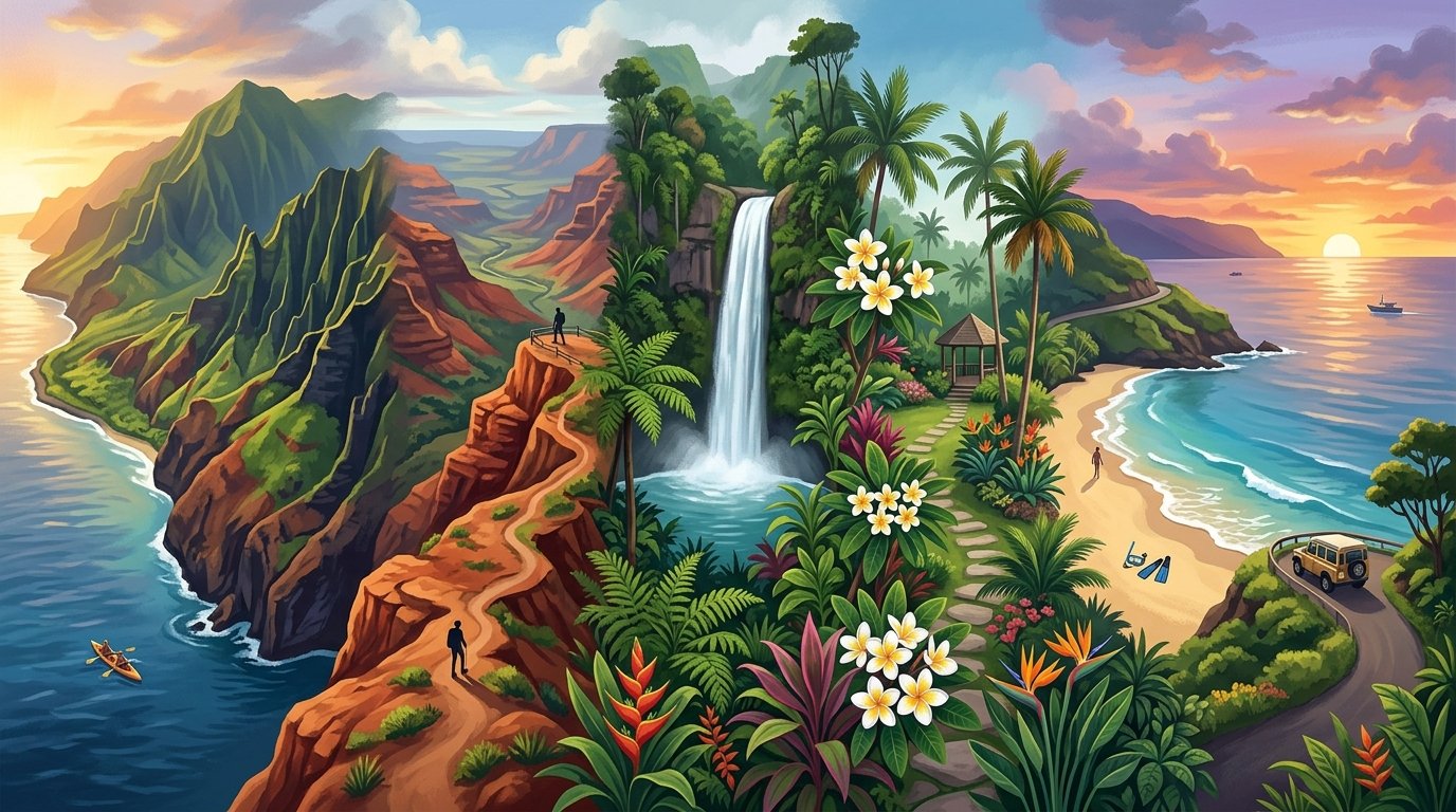 A scenic Kauai landscape featuring tropical beaches, green mountains, sea cliffs, a waterfall, a red-rock canyon, and a sunset ocean view.